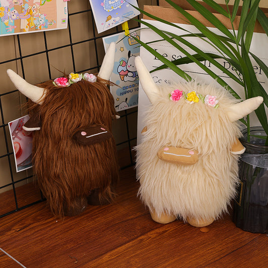 Market Hot Highland Cow Cute Flowers Yak Decoration Doll Scottish Highland Cow Toy